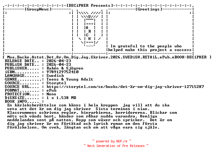 NFO for the release Moa.Backe.Astot.Det.Ar.Om.Dig.Jag.Skriver.2026.SWEDiSH.RETAiL.ePub.eBOOK-DECiPHER by DECiPHER