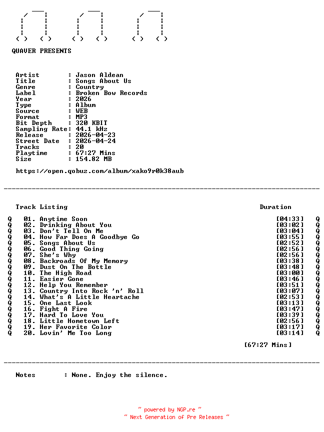 NFO for the release Jason_Aldean-Songs_About_Us-WEB-2026-QUAVER by QUAVER