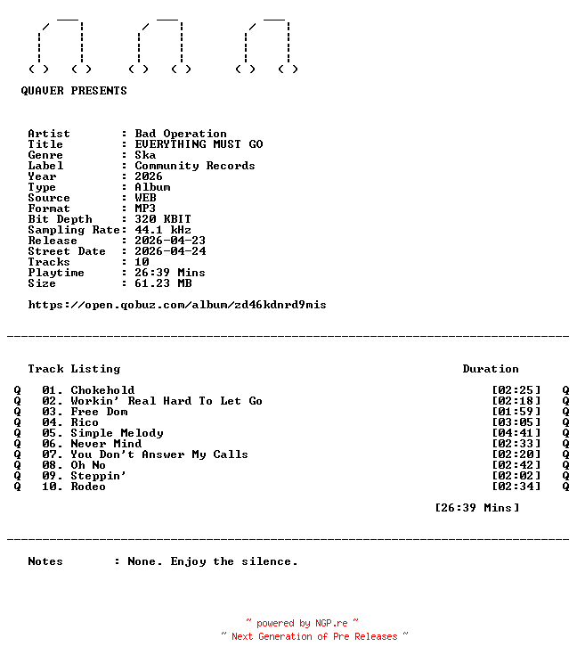 NFO for the release Bad_Operation-EVERYTHING_MUST_GO-WEB-2026-QUAVER by QUAVER