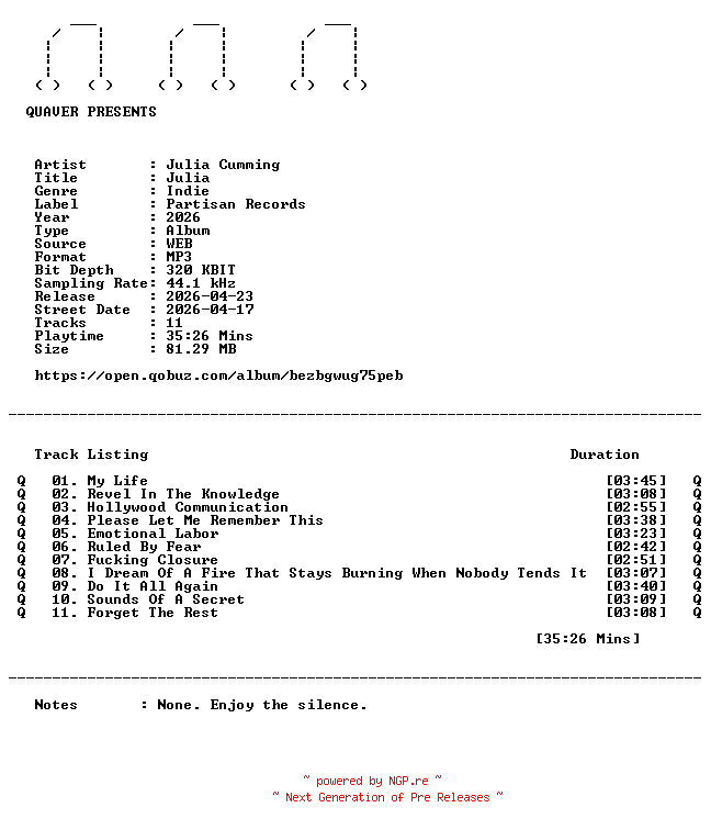 NFO for the release Julia_Cumming-Julia-WEB-2026-QUAVER by QUAVER