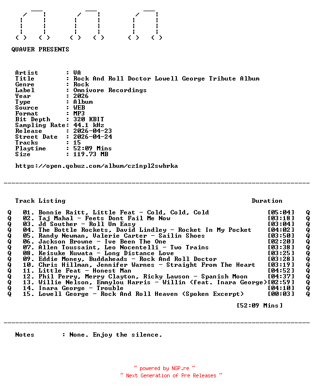 NFO for the release VA-Rock_And_Roll_Doctor_Lowell_George_Tribute_Album-WEB-2026-QUAVER by QUAVER