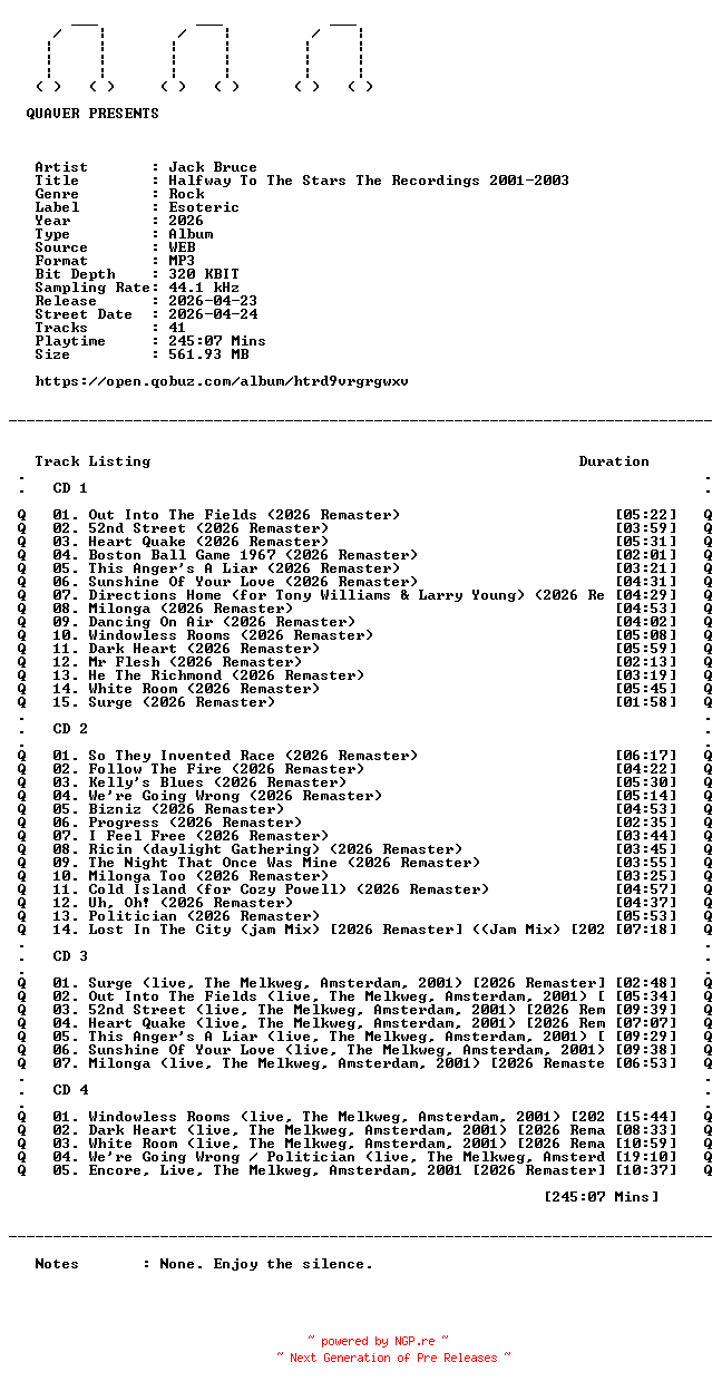 NFO for the release Jack_Bruce-Halfway_To_The_Stars_The_Recordings_2001-2003-REMASTERED-WEB-2026-QUAVER by QUAVER