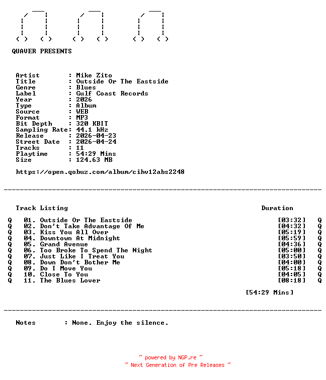 NFO for the release Mike_Zito-Outside_Or_The_Eastside-WEB-2026-QUAVER by QUAVER