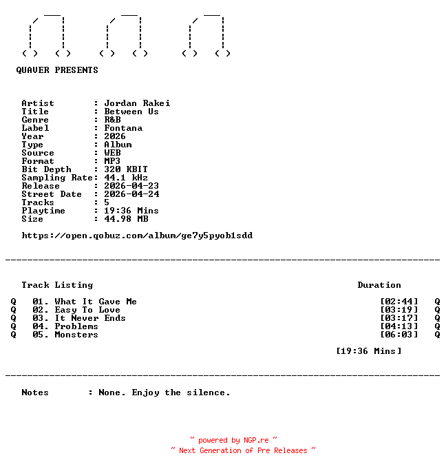 NFO for the release Jordan_Rakei-Between_Us-EP-WEB-2026-QUAVER by QUAVER