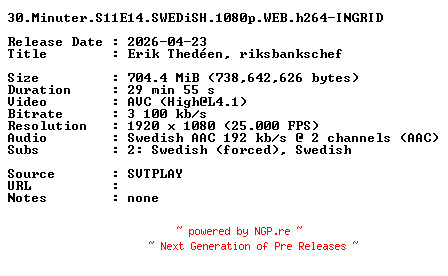 NFO for the release 30.Minuter.S11E14.SWEDiSH.1080p.WEB.h264-INGRID by INGRID