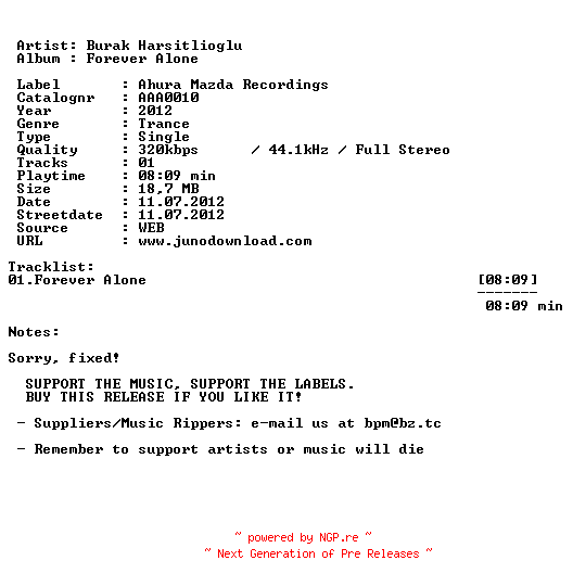 NFO for the release burak_harsitlioglu-forever_alone-(aaa0010)-nfofix-web-2012 by 2012