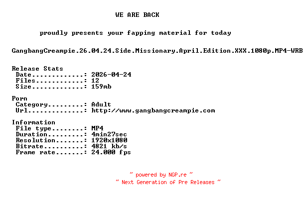 NFO for the release GangbangCreampie.26.04.24.Side.Missionary.April.Edition.XXX.1080p.MP4-WRB by WRB