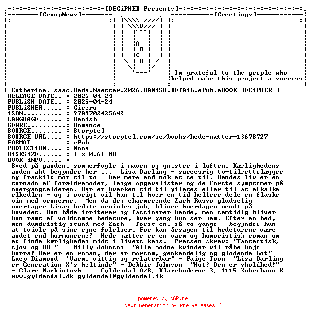 NFO for the release Catherine.Isaac.Hede.Naetter.2026.DANiSH.RETAiL.ePub.eBOOK-DECiPHER by DECiPHER