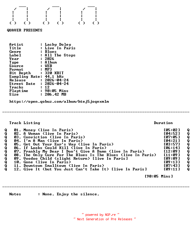 NFO for the release Lachy_Doley-Live_In_Paris-WEB-2026-QUAVER by QUAVER