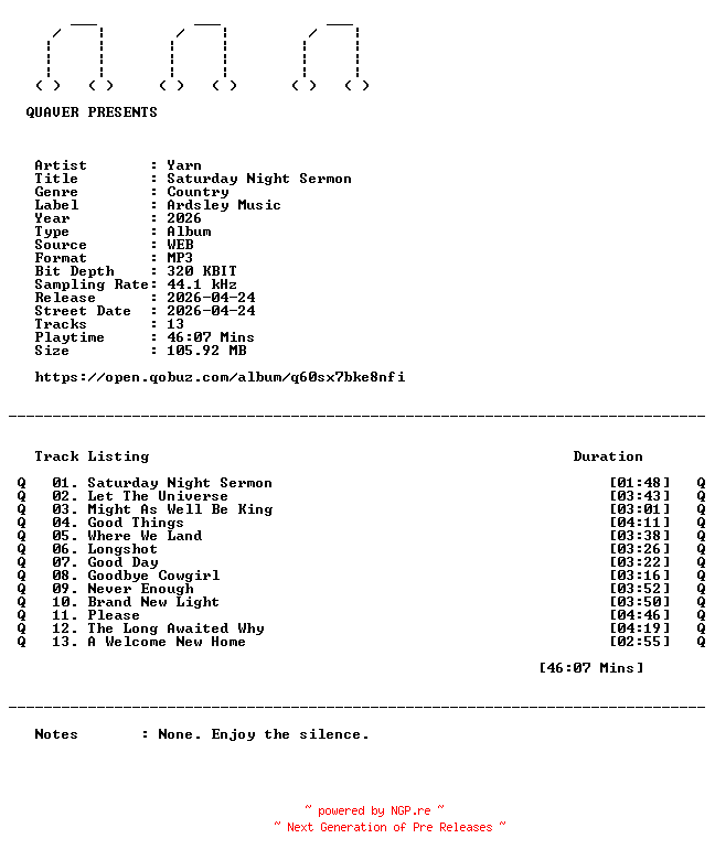 NFO for the release Yarn-Saturday_Night_Sermon-WEB-2026-QUAVER by QUAVER