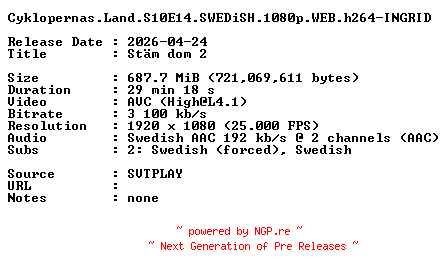 NFO for the release Cyklopernas.Land.S10E14.SWEDiSH.1080p.WEB.h264-INGRID by INGRID
