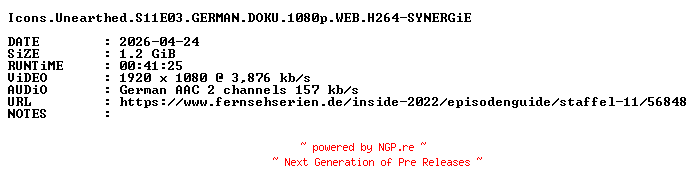NFO for the release Icons.Unearthed.S11E03.GERMAN.DOKU.1080p.WEB.H264-SYNERGiE by SYNERGiE