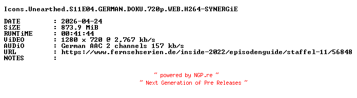 NFO for the release Icons.Unearthed.S11E04.GERMAN.DOKU.720p.WEB.H264-SYNERGiE by SYNERGiE