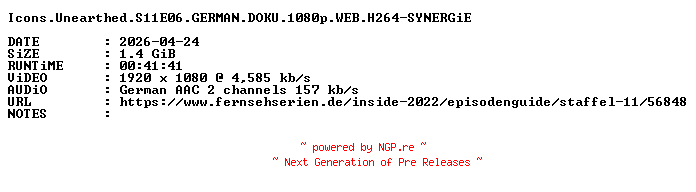 NFO for the release Icons.Unearthed.S11E06.GERMAN.DOKU.1080p.WEB.H264-SYNERGiE by SYNERGiE