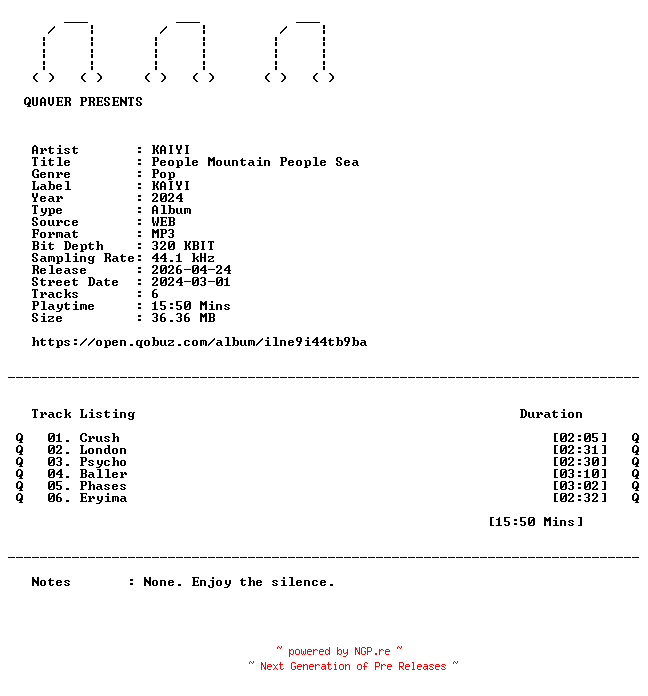 NFO for the release KAIYI-People_Mountain_People_Sea-CN-WEB-2024-QUAVER by QUAVER