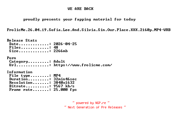 NFO for the release FrolicMe.26.04.19.Sofia.Lee.And.Silvia.Sin.Our.Place.XXX.2160p.MP4-WRB by WRB