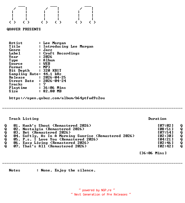 NFO for the release Lee_Morgan-Introducing_Lee_Morgan-REMASTERED-WEB-2026-QUAVER by QUAVER