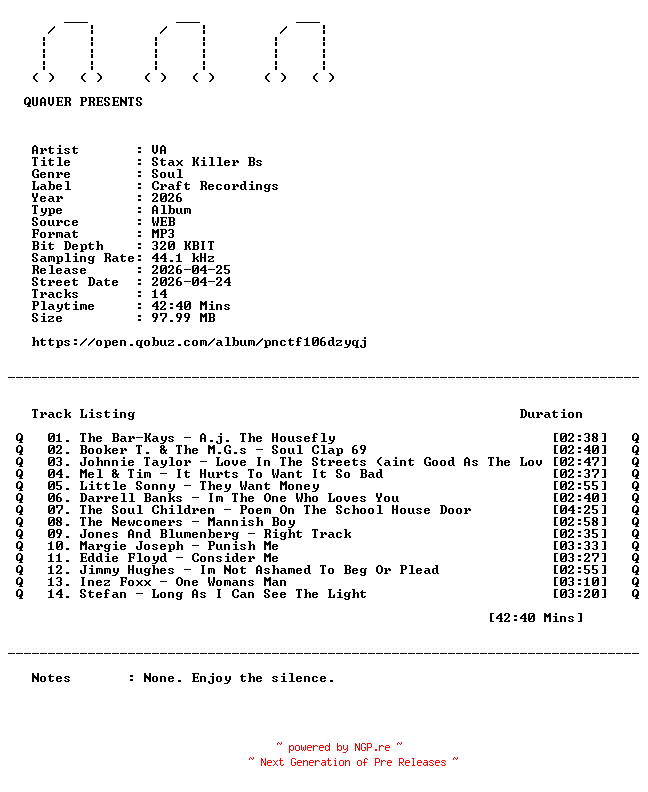 NFO for the release VA-Stax_Killer_Bs-WEB-2026-QUAVER by QUAVER