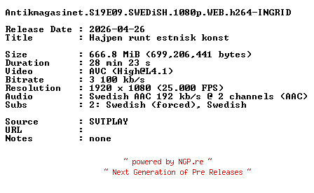 NFO for the release Antikmagasinet.S19E09.SWEDiSH.1080p.WEB.h264-INGRID by INGRID