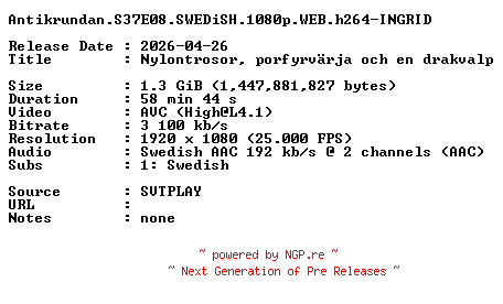 NFO for the release Antikrundan.S37E08.SWEDiSH.1080p.WEB.h264-INGRID by INGRID