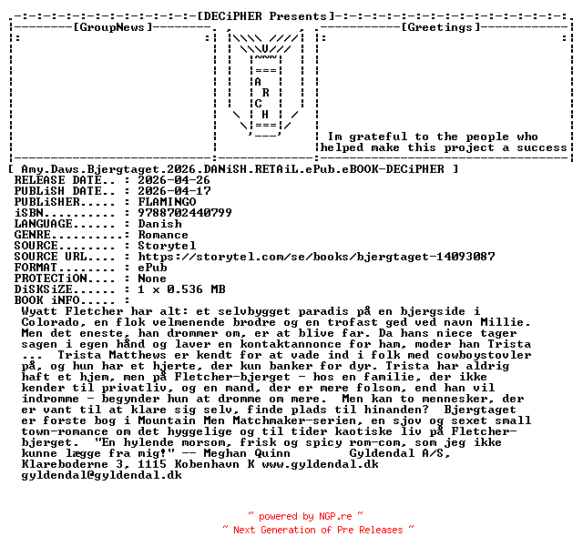 NFO for the release Amy.Daws.Bjergtaget.2026.DANiSH.RETAiL.ePub.eBOOK-DECiPHER by DECiPHER