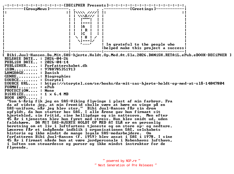 NFO for the release Bibi.Juul.Hansen.Da.Mit.Sas.Hjerte.Holdt.Op.Med.At.Sla.2026.DANiSH.RETAiL.ePub.eBOOK-DECiPHER by DECiPHER