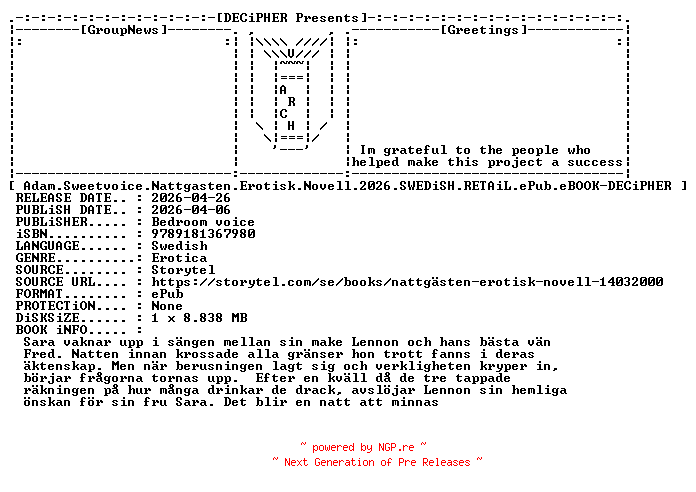 NFO for the release Adam.Sweetvoice.Nattgasten.Erotisk.Novell.2026.SWEDiSH.RETAiL.ePub.eBOOK-DECiPHER by DECiPHER