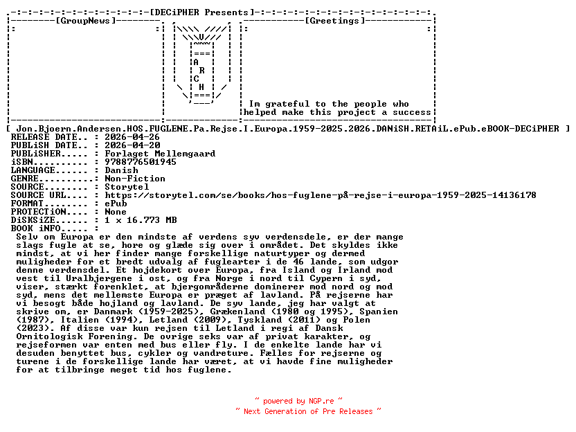NFO for the release Jon.Bjoern.Andersen.Hos.Fuglene.Pa.Rejse.I.Europa.1959-2025.2026.DANiSH.RETAiL.ePub.eBOOK-DECiPHER by DECiPHER