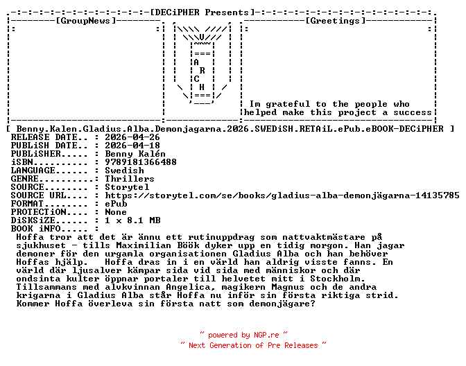 NFO for the release Benny.Kalen.Gladius.Alba.Demonjagarna.2026.SWEDiSH.RETAiL.ePub.eBOOK-DECiPHER by DECiPHER