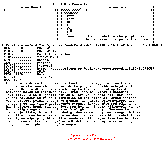 NFO for the release Katrine.Grunfeld.Sma.Og.Store.Doedsfald.2026.DANiSH.RETAiL.ePub.eBOOK-DECiPHER by DECiPHER