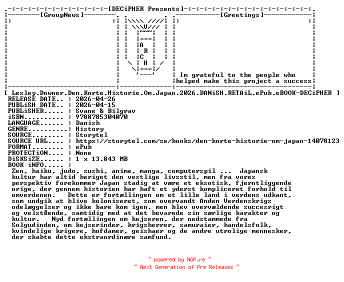 NFO for the release Lesley.Downer.Den.Korte.Historie.Om.Japan.2026.DANiSH.RETAiL.ePub.eBOOK-DECiPHER by DECiPHER