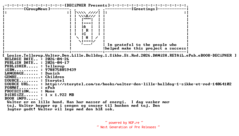 NFO for the release Louise.Tellerup.Walter.Den.Lille.Bulldog.1.Sikke.Et.Rod.2026.DANiSH.RETAiL.ePub.eBOOK-DECiPHER by DECiPHER