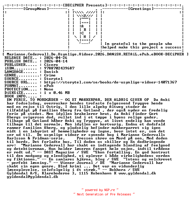 NFO for the release Marianne.Cedervall.De.Usynlige.Vidner.2026.DANiSH.RETAiL.ePub.eBOOK-DECiPHER by DECiPHER