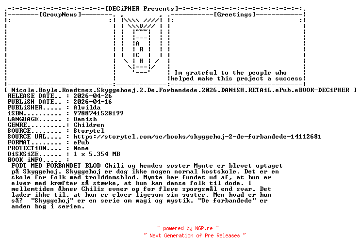 NFO for the release Nicole.Boyle.Roedtnes.Skyggehoej.2.De.Forbandede.2026.DANiSH.RETAiL.ePub.eBOOK-DECiPHER by DECiPHER