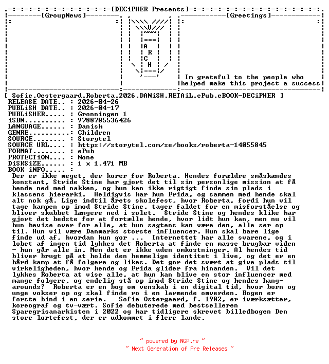 NFO for the release Sofie.Oestergaard.Roberta.2026.DANiSH.RETAiL.ePub.eBOOK-DECiPHER by DECiPHER