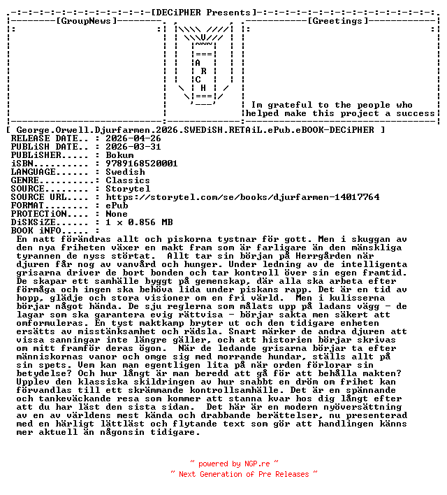 NFO for the release George.Orwell.Djurfarmen.2026.SWEDiSH.RETAiL.ePub.eBOOK-DECiPHER by DECiPHER