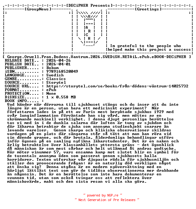 NFO for the release George.Orwell.Fran.Dodens.Vantrum.2026.SWEDiSH.RETAiL.ePub.eBOOK-DECiPHER by DECiPHER