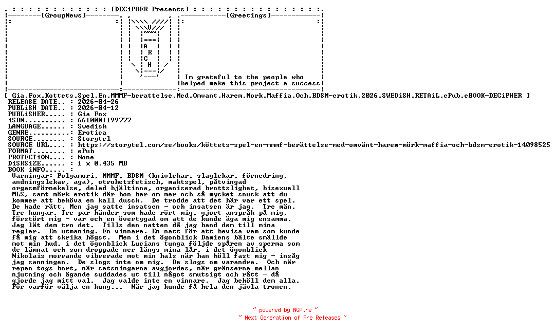 NFO for the release Gia.Fox.Kottets.Spel.En.Mmmf.Berattelse.Med.Omvant.Harem.Mork.Maffia.Och.BDSM.Erotik.2026.SWEDiSH.RETAiL.ePub.eBOOK-DECiPHER by DECiPHER