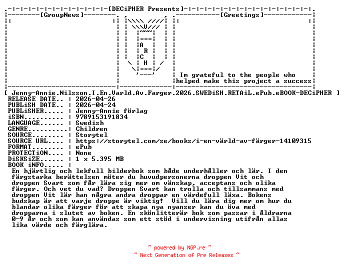 NFO for the release Jenny.Annie.Nilsson.I.En.Varld.Av.Farger.2026.SWEDiSH.RETAiL.ePub.eBOOK-DECiPHER by DECiPHER