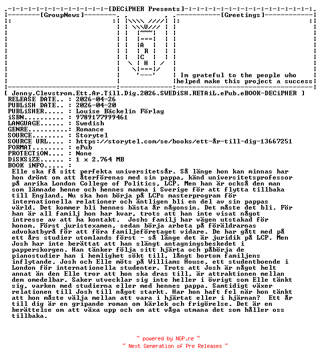 NFO for the release Jenny.Clevstrom.Ett.Ar.Till.Dig.2026.SWEDiSH.RETAiL.ePub.eBOOK-DECiPHER by DECiPHER