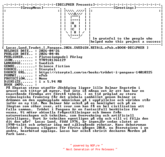 NFO for the release Lucas.Lund.Tradet.I.Pangaea.2026.SWEDiSH.RETAiL.ePub.eBOOK-DECiPHER by DECiPHER