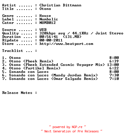 NFO for the release christian_dittmann-otono-(numb012)-nfofix-web-2011 by 2011