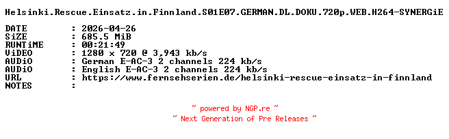 NFO for the release Helsinki.Rescue.Einsatz.in.Finnland.S01E07.GERMAN.DL.DOKU.720p.WEB.H264-SYNERGiE by SYNERGiE