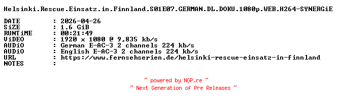 NFO for the release Helsinki.Rescue.Einsatz.in.Finnland.S01E07.GERMAN.DL.DOKU.1080p.WEB.H264-SYNERGiE by SYNERGiE