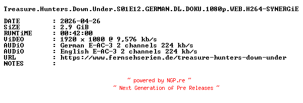 NFO for the release Treasure.Hunters.Down.Under.S01E12.GERMAN.DL.DOKU.1080p.WEB.H264-SYNERGiE by SYNERGiE