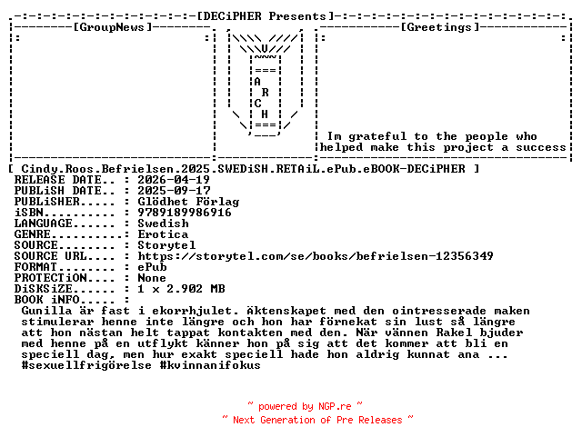 NFO for the release Cindy.Roos.Befrielsen.2025.SWEDiSH.RETAiL.ePub.eBOOK-DECiPHER by DECiPHER