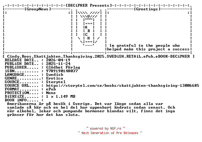 NFO for the release Cindy.Roos.Skattjakten.Thanksgiving.2025.SWEDiSH.RETAiL.ePub.eBOOK-DECiPHER by DECiPHER