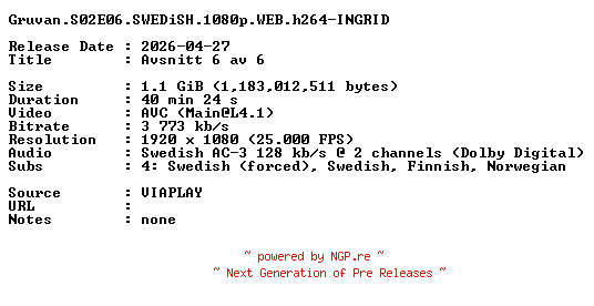 NFO for the release Gruvan.S02E06.SWEDiSH.1080p.WEB.h264-INGRID by INGRID