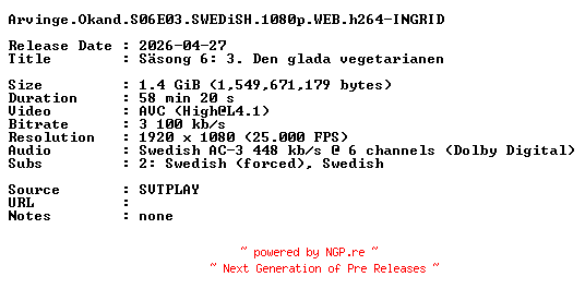 NFO for the release Arvinge.Okand.S06E03.SWEDiSH.1080p.WEB.h264-INGRID by INGRID