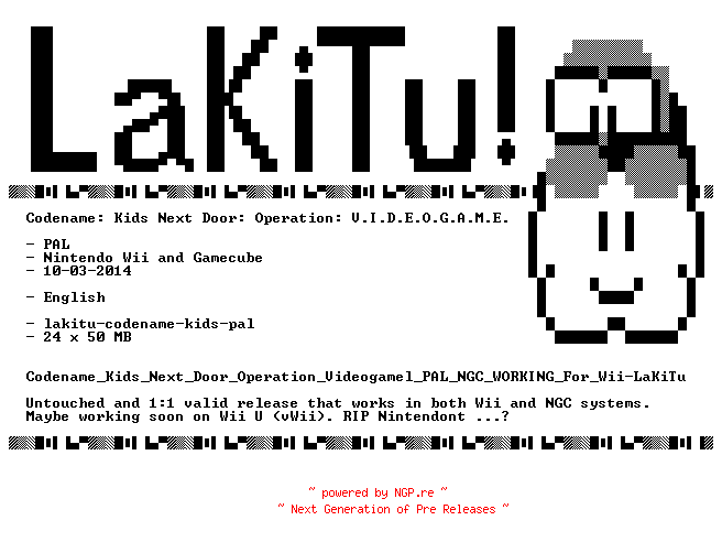 NFO for the release Codename_Kids_Next_Door_Operation_Videogame_PAL_NGC_WORKING_For_Wii-LaKiTu by LaKiTu